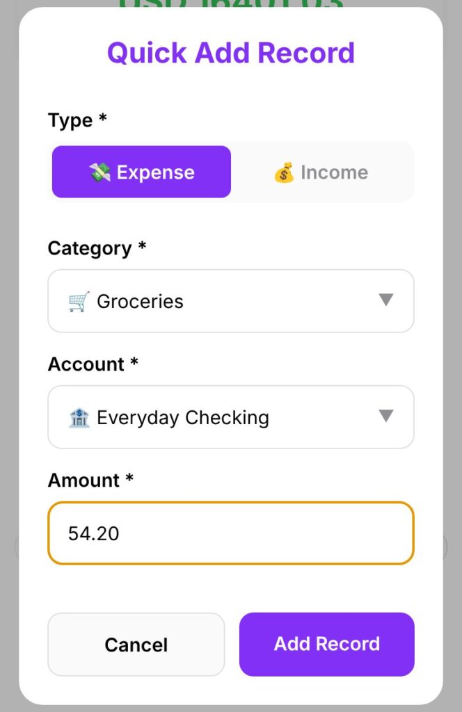 SmartSpendr Quick Add screen with a $54.20 grocery expense being entered