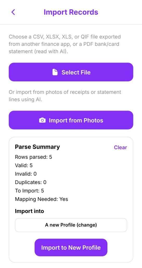 SmartSpendr Import Records screen showing a bank statement CSV parsed and ready to import