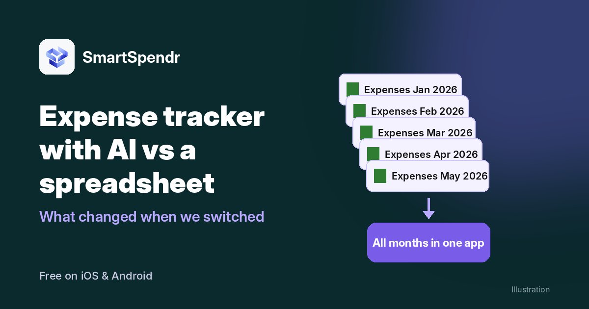 SmartSpendr cover: Expense tracker with AI vs a spreadsheet, showing a stack of monthly spreadsheet files becoming all months in one app