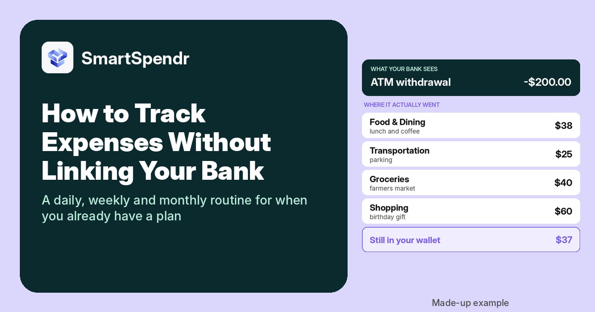 SmartSpendr cover: How to Track Expenses Without Linking Your Bank, with a made-up example of a $200 ATM withdrawal split into food, transport, groceries and a gift