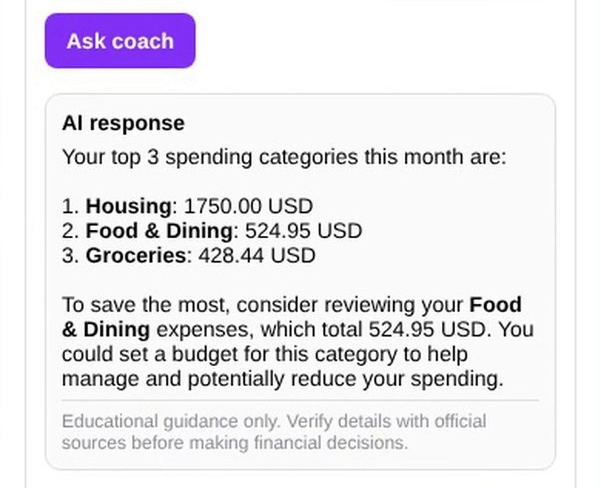 SmartSpendr AI Coach answering a question about monthly spending