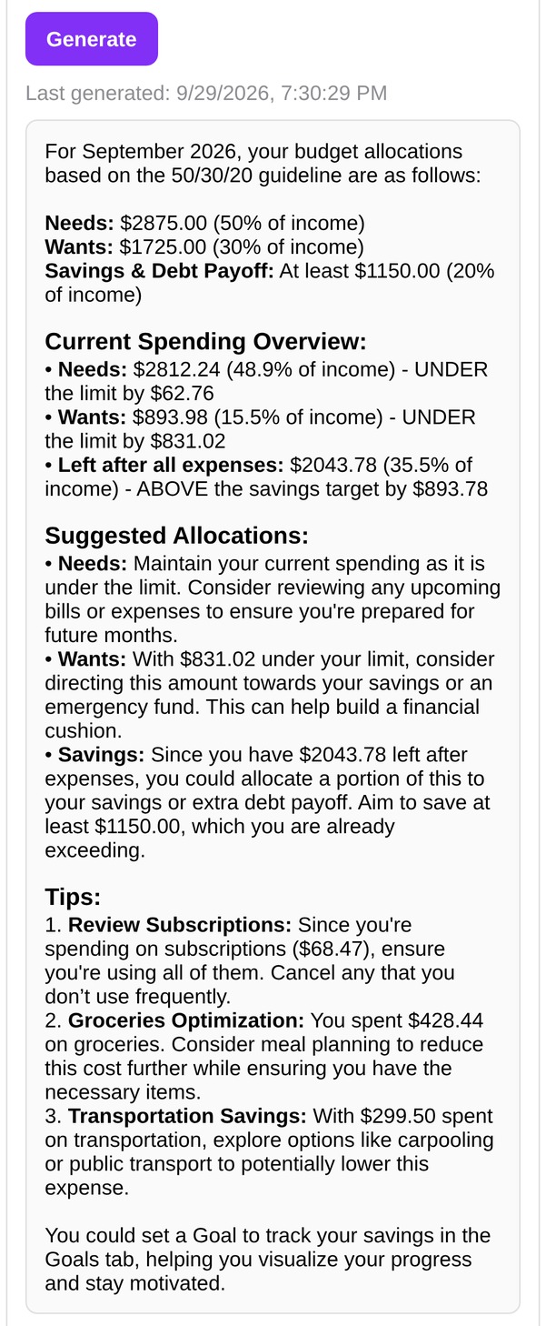 SmartSpendr Budget Coach showing a 50/30/20 check on a month's spending