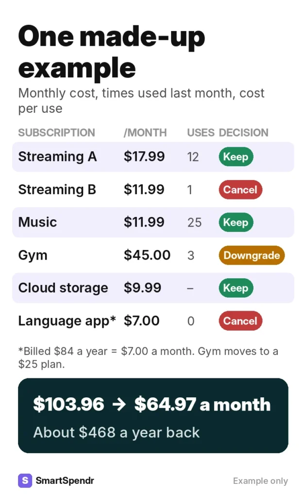 Made-up example of six subscriptions with cost and uses, going from $103.96 to $64.97 a month, about $468 a year