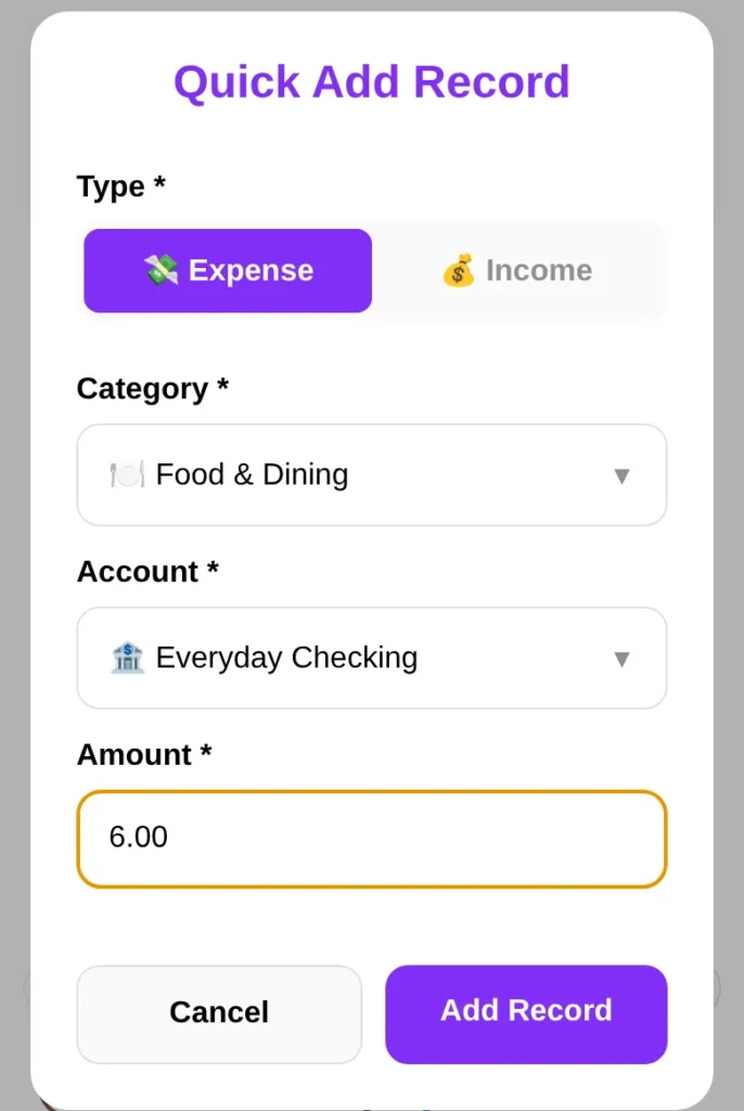 SmartSpendr Quick Add screen logging an expense in a few seconds
